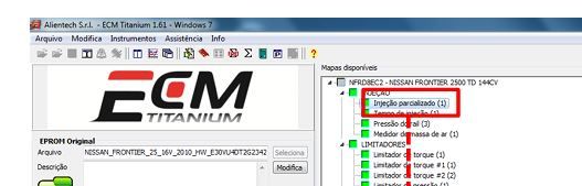 ECM Titanium listando mapas disponíveis de um Nissan Frontier